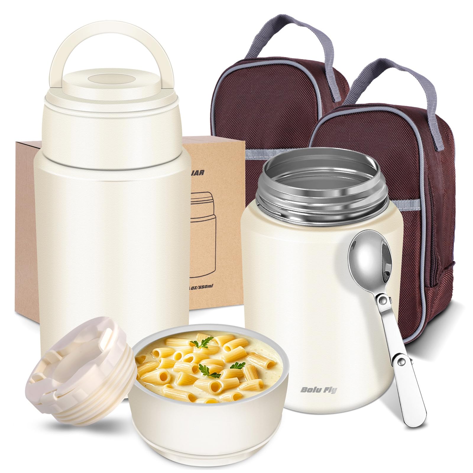 Bolu Fly 2 Pack Insulated Food Jar 18.5&27 oz Stainless Steel Thermos for Hot &Cold Food Thermal Lunch Containers Soup Thermos with Carry Bag and Folding Spoon(Ivory)
