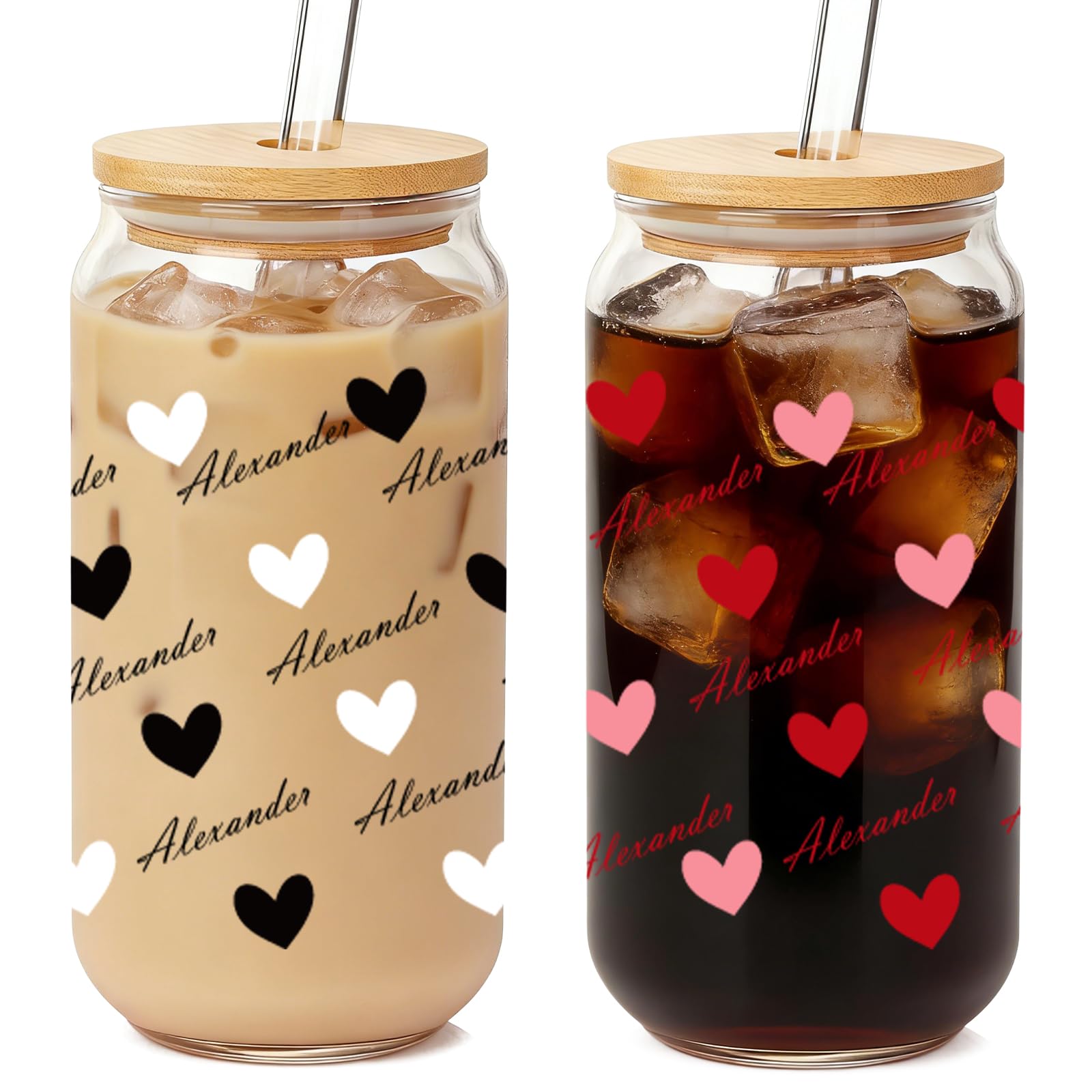 Mason Life Personalized Heart Glass Cup, 18oz Matcha Glass with Bamboo Lid & Straw, Custom Name Gift for Him/Her, Romantic Couple Cups for Valentine's Day, Anniversaries or Gifts — image 1