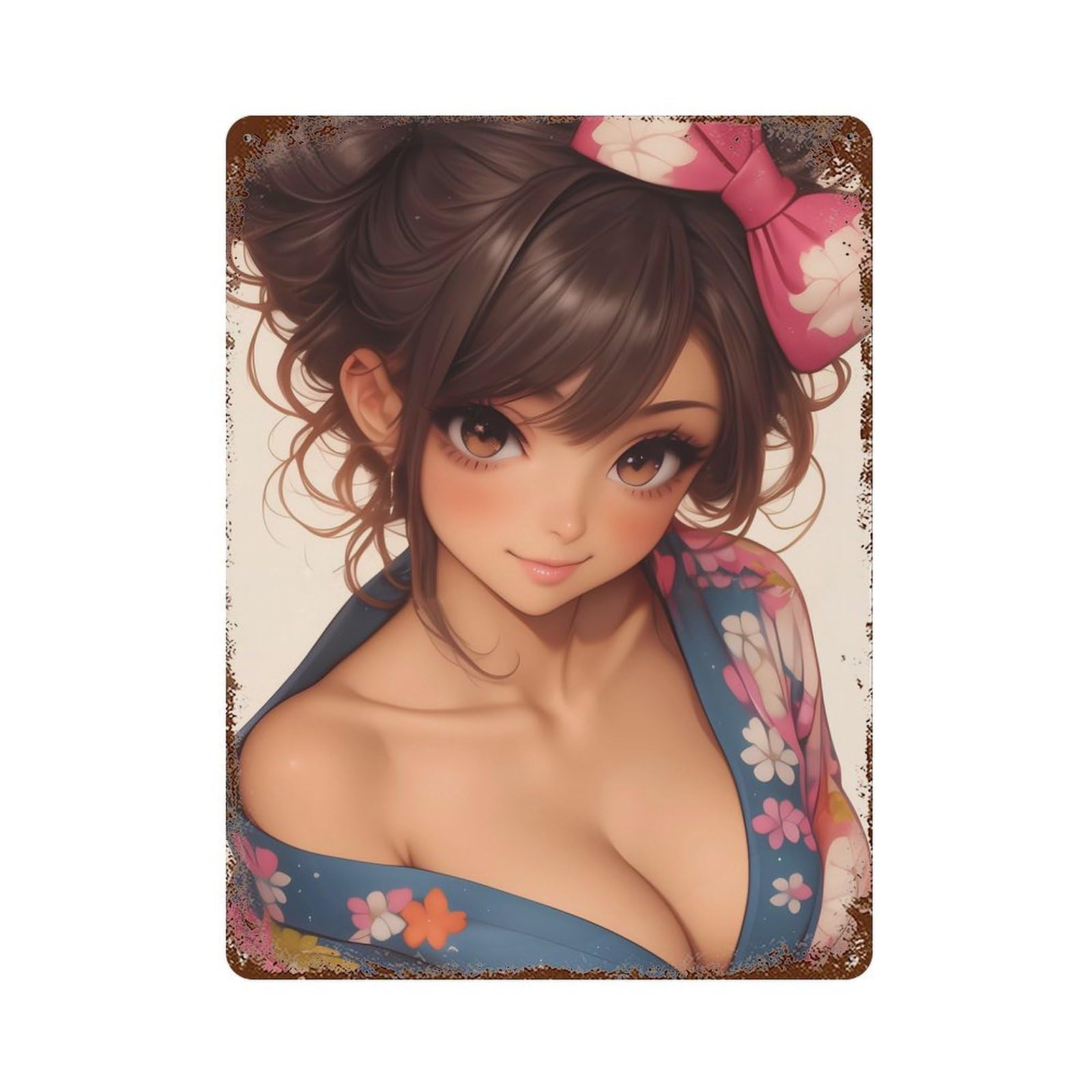 Weathered Tin Sign Anime Girl in Kimono 15.7"x11.8", Rustic Home Decor for Basement, Hobby Room And Garage Decor
