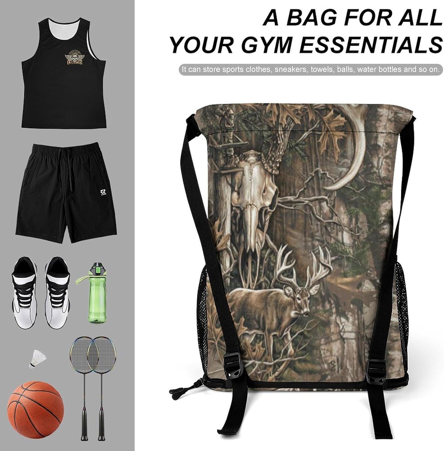 Buck Skull with Hunting Scene Gym Bag Workout Gym Backpack with Shoe Compartment Sports Bags for Women Men