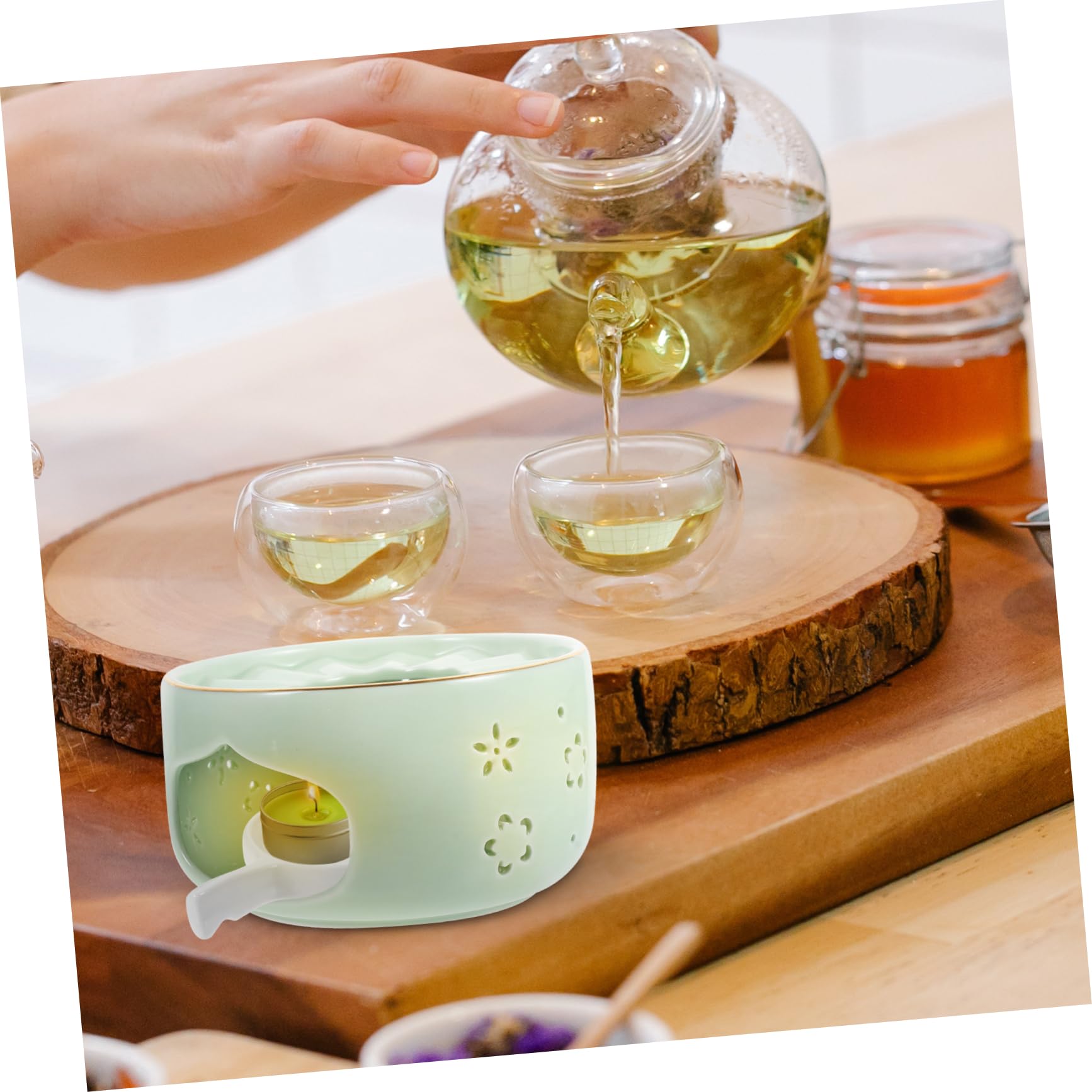 COLLBATH Calentador de Calentar de Tetera Verde en Cerámica Diseño Hueco Resistente Estilo Retro Simple para Té Casa