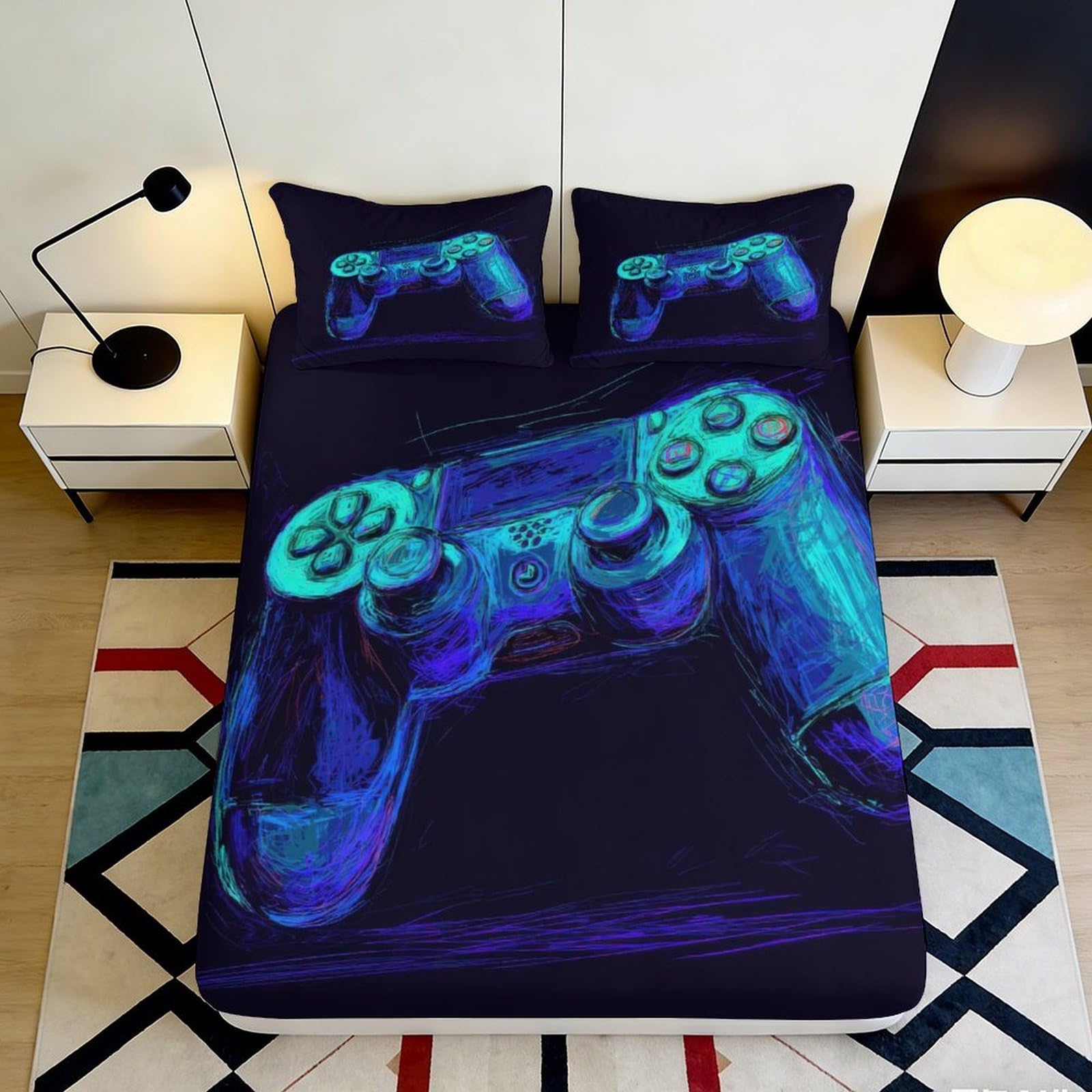 3D Printed Neon Gamepad Fitted Sheet Microfiber Soft Blue Controller Bed Cover for Bedroom Dorm Mattress Decor 90x200x25cm