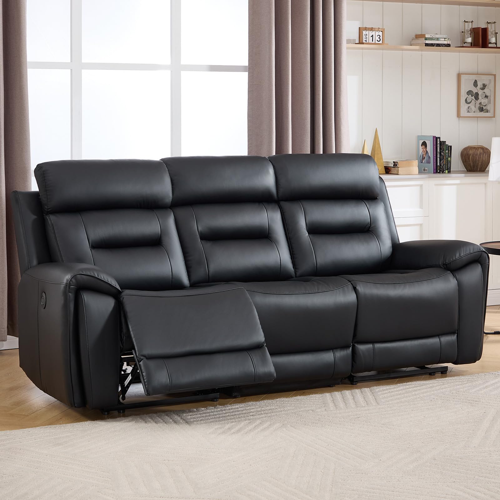 ANJ Power Oversized Reclining Sofa Couch, Breathable Faux Leather 3-Seater Electric Recliner Couches with USB&amp;Type-C Charging Ports for Living Room, Black