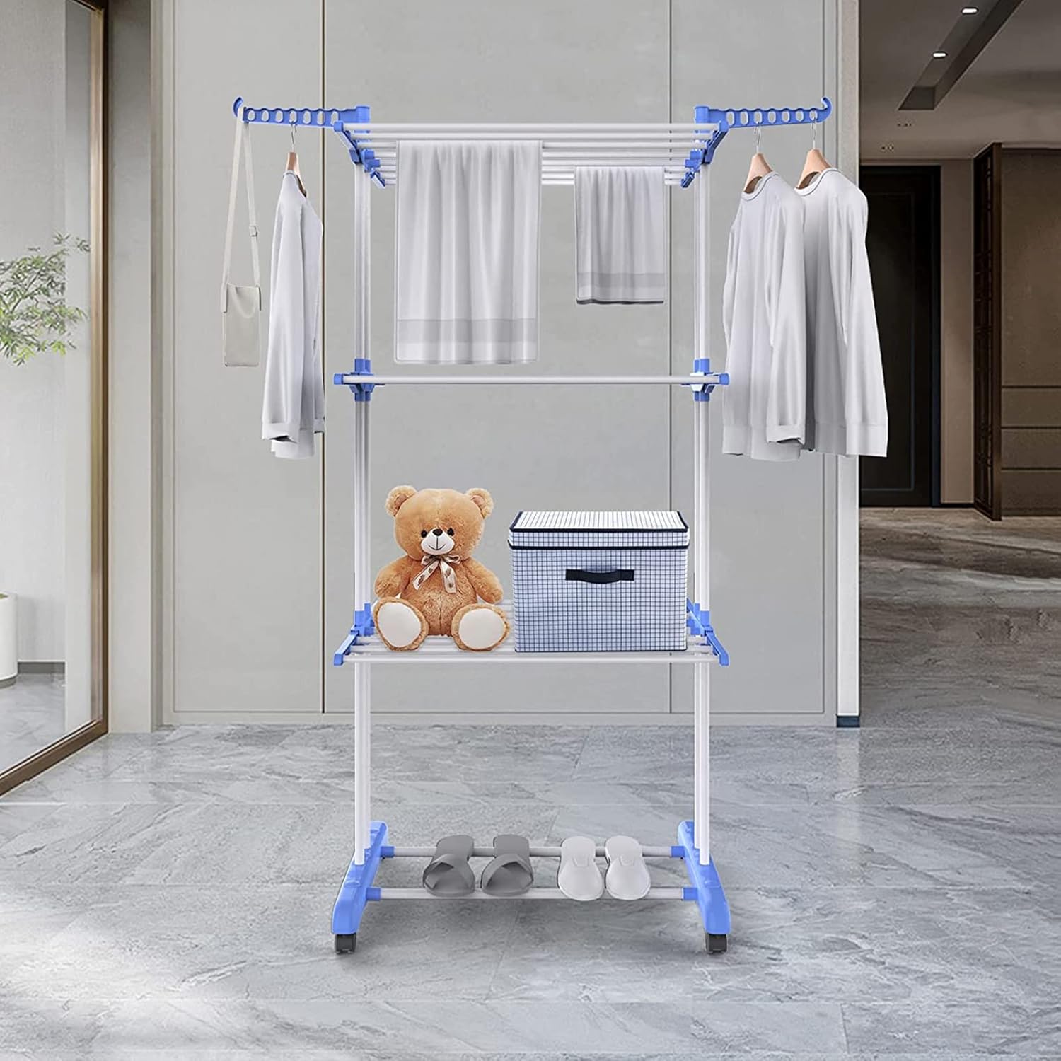 4-Tier Foldable Clothes Drying Rack with Wheels, Large Indoor Clothes Airer, Strong Garment Laundry Hanger for Home Storage, Tall & Space-Saving Design, Blue
