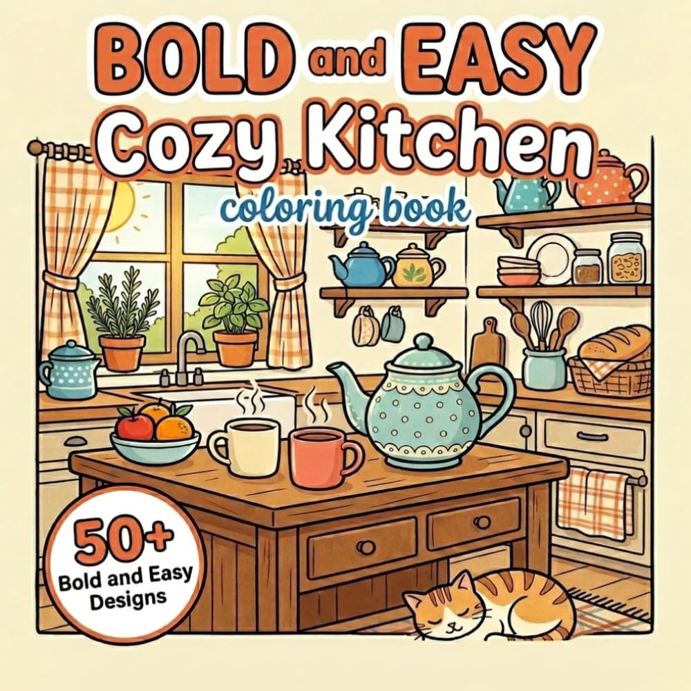 Bold and Easy Cozy Kitchen Coloring Book: 50+ Simple and Relaxing Designs of Farmhouse Kitchens, Vintage Teapots, and Cottage Scenes for Seniors, Beginners, and Stress Relief (Cozy Life Series)