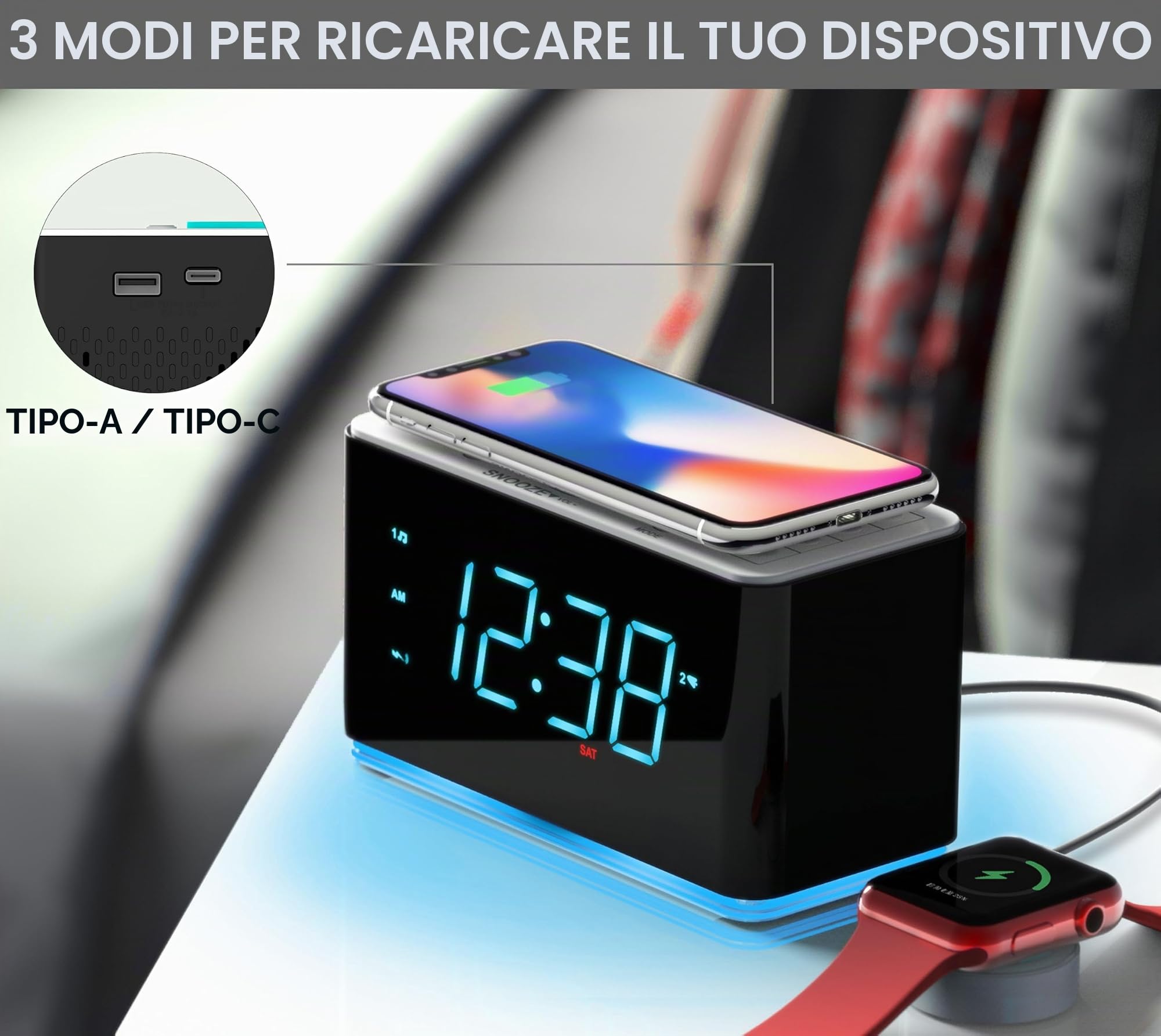 iTOMA Radiosveglia con caricabatterie wireless da 15 W, controllo tramite APP, radio FM, Bluetooth, due porte di ricarica, snooze, dimmer automatico-manuale, luce notturna 207A