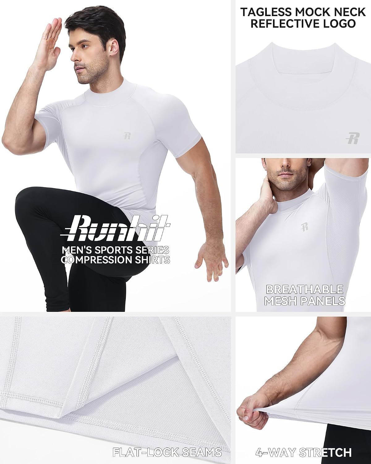 Runhit Men's Turtleneck Compression T-Shirt, Short Sleeve Mock Neck Shirt, UPF 50+ Athletic Undershirt Football Gym Running
