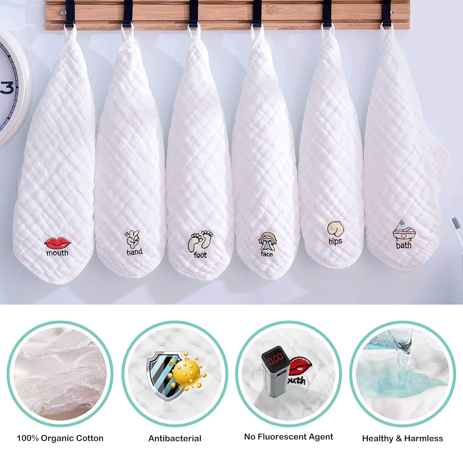 Muslin Baby Washcloths and Face Towels for Wash Wipes Bath Towel Burp Cloths Baby Girl Boy Registry Search Newborn Essentials Must Haves 12x12 Inches for Koo-dib 6 Independent Embroidery Patterns : Baby