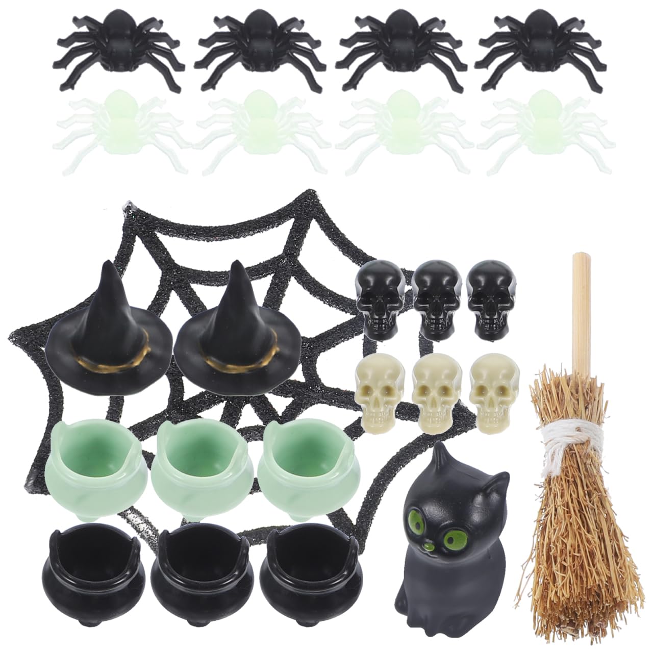 25-teiliges Halloween-Dekorationsset – Mini-Figuren Für Puppenhaus & Partys – Inkl. Spinnen, Hexenhüte, Katze
