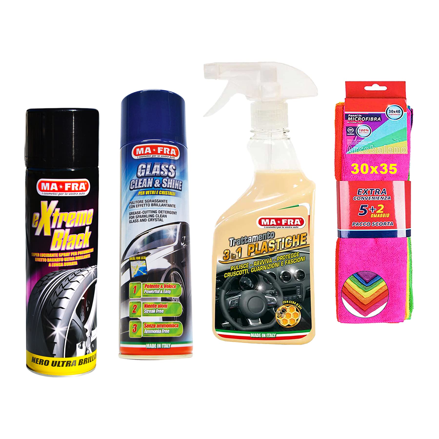 MafraExtreme Black, Glass Clean and Shine, 3in1 Plastic Treatment Plus Pack of 7 Microfibre Cloths 30 x 35 cm