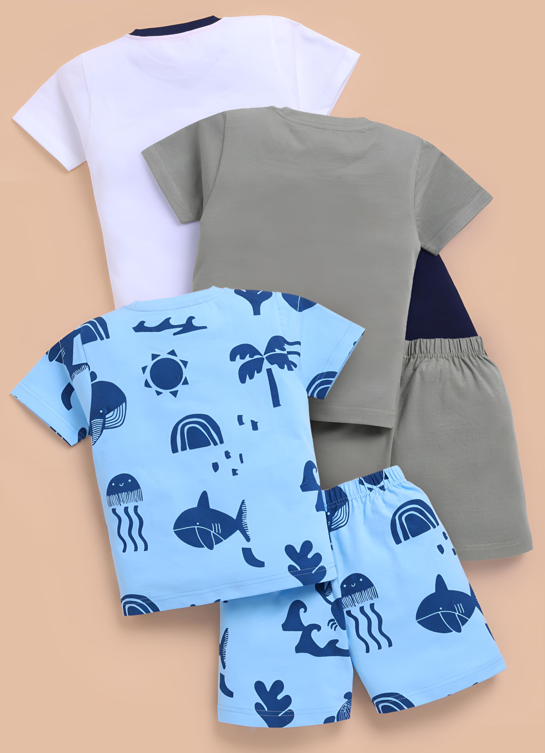 Toonyport Boys 3-Piece Summer T-Shirt and Shorts Set, Ocean Print and Nap Time Graphics, Grey and Light Blue, (Pack Of 3) (18 Months - 24 Months)
