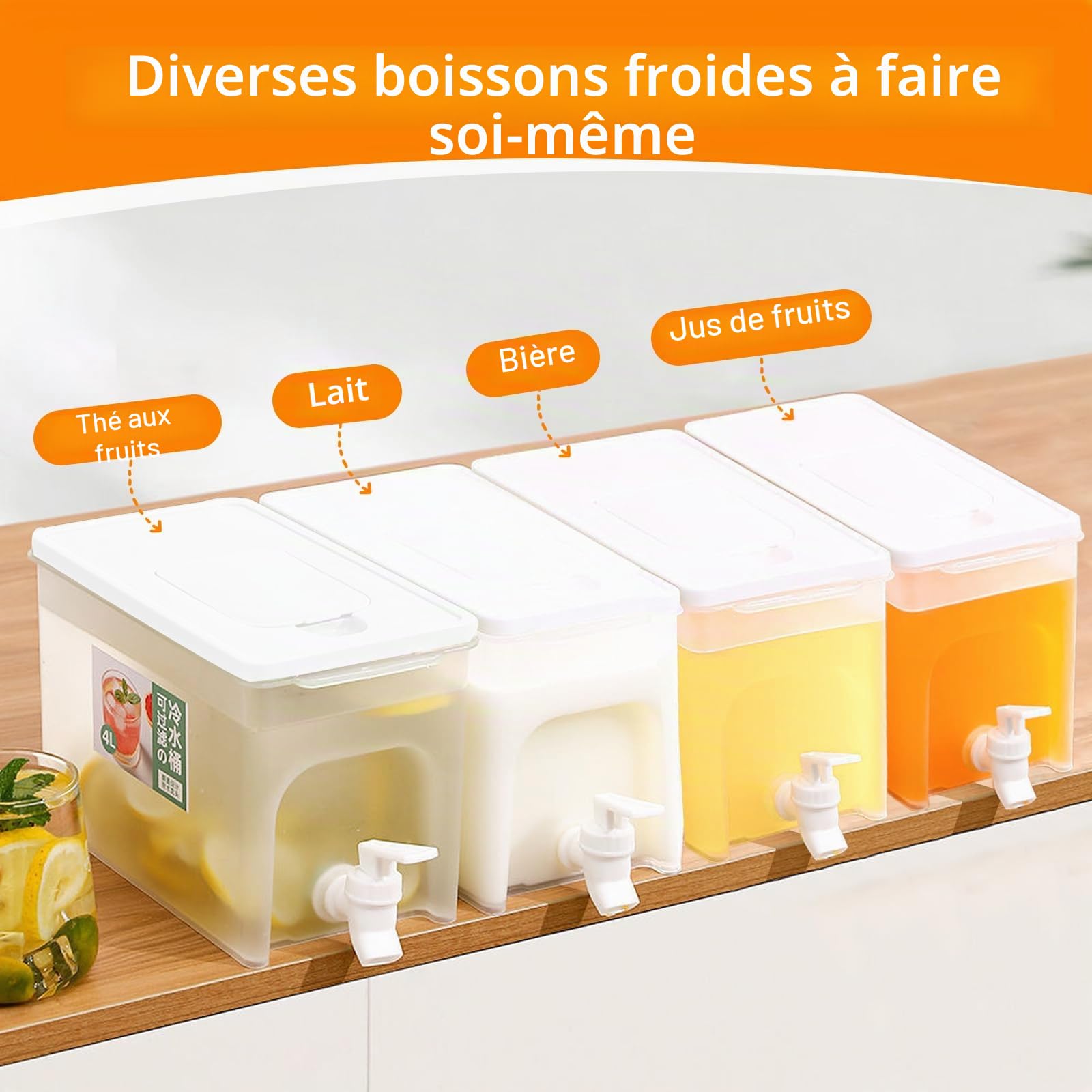 Distributeur d'eau de grande capacité (4L) avec robinets,Distributeur de boissons pour réfrigérateurs,Bouteille d'eau froide avec couvercle，pour les fêtes,les voyages,les pique-niques - lait,jus,sodas