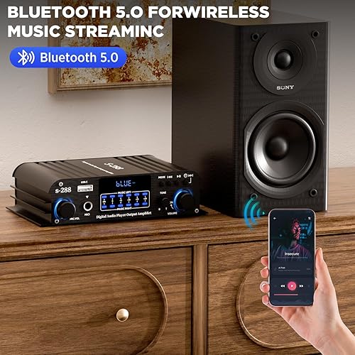 Miniatura 5 de Amplificador de audio para el hogar de 1200 W, 4 canales, amplificador pequeño Bluetooth5.0, RMS 45Wx4, receptor estéreo de potencia máxima de 300