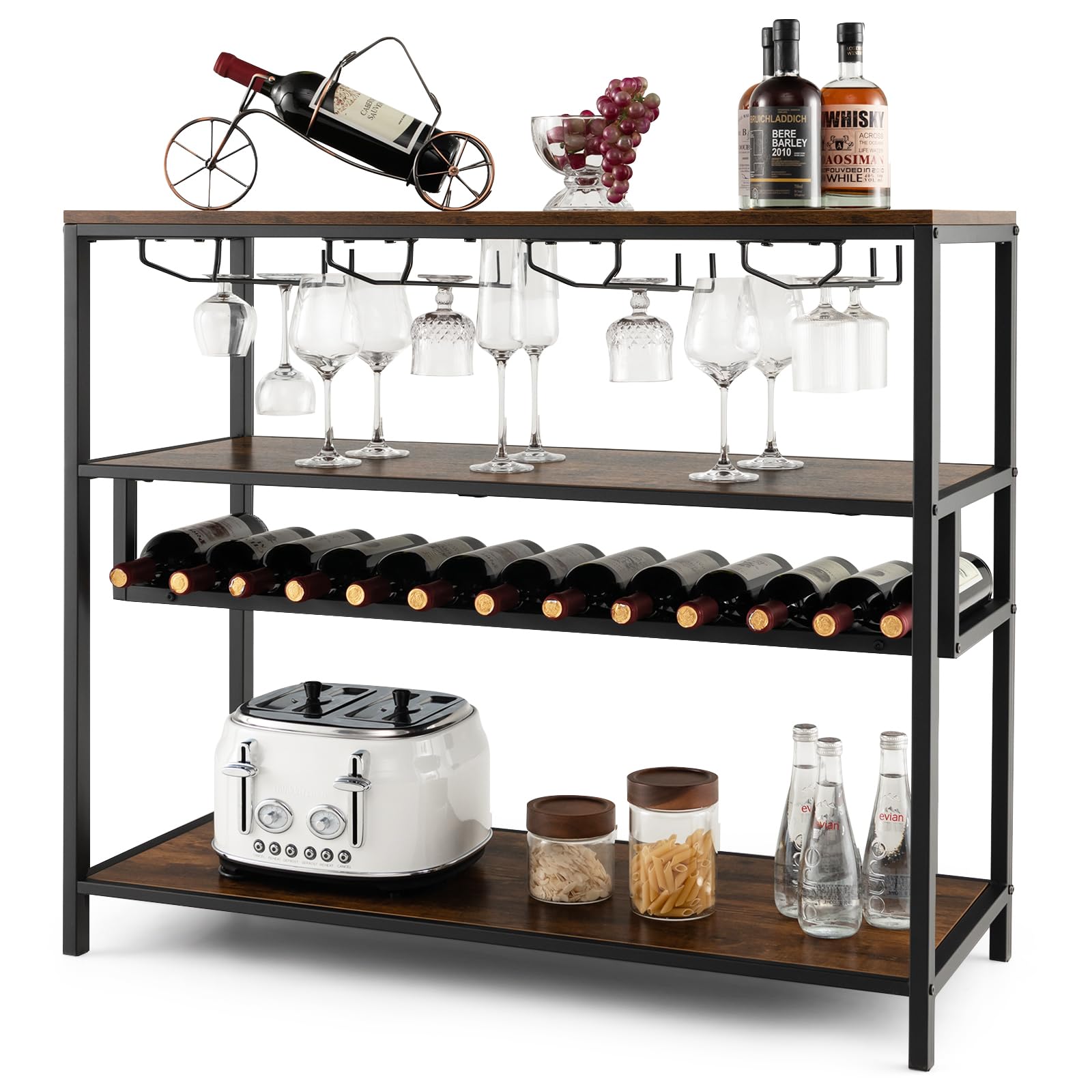 en.casa] Cantinetta Vino Scaffale Porta Bottiglie da Vino e Calici con Piani di Appoggio Mobile Portavino Portabicchieri 120 x 61 x 33 cm Nero/Effetto Rovere