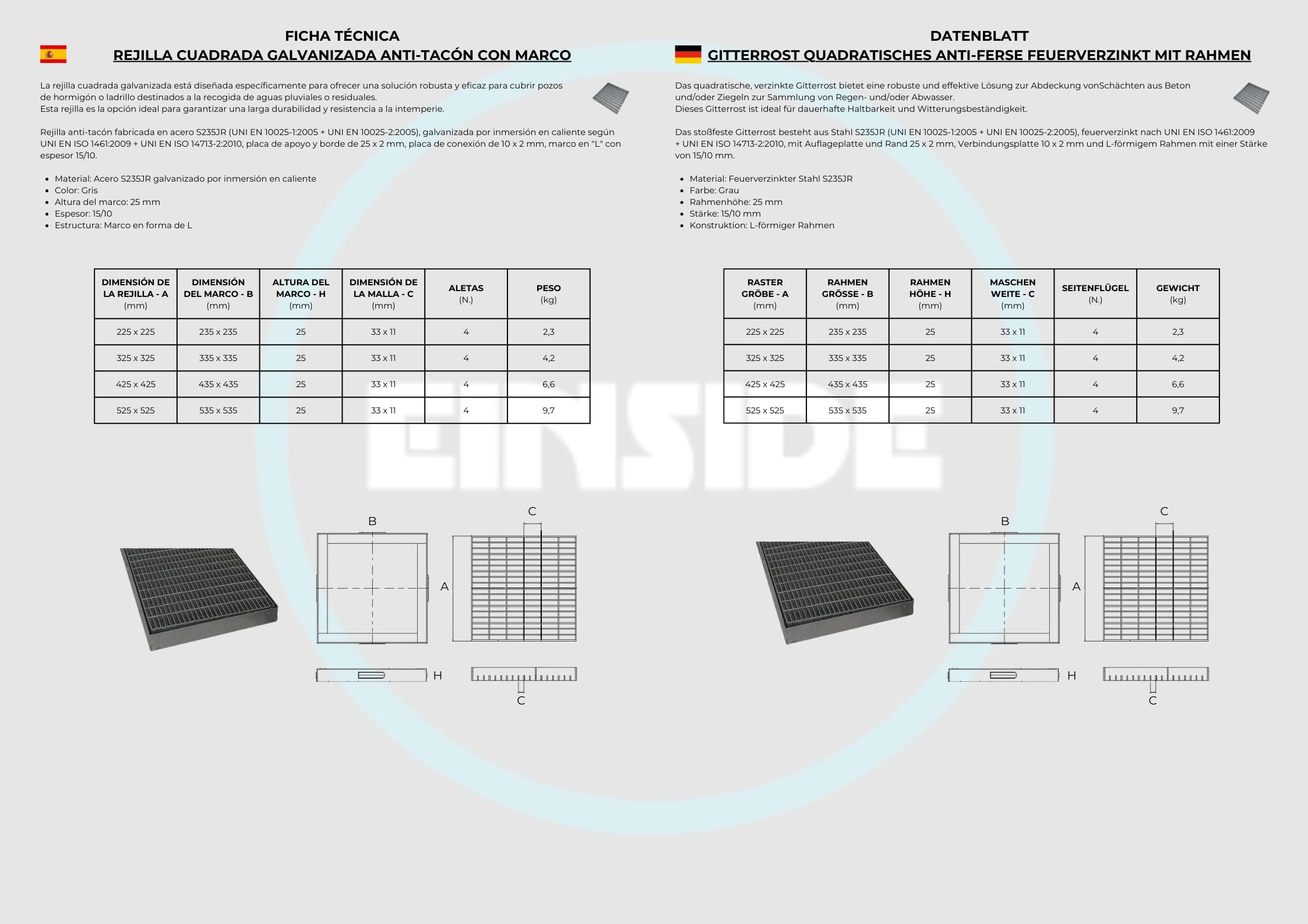 EINSIDE Gitterrost Abflussgitter Feuerverzinkt, Rechteckiges/Quadratisches Bau-Normrost aus verzinktem, 42,5 x 42,5 cm