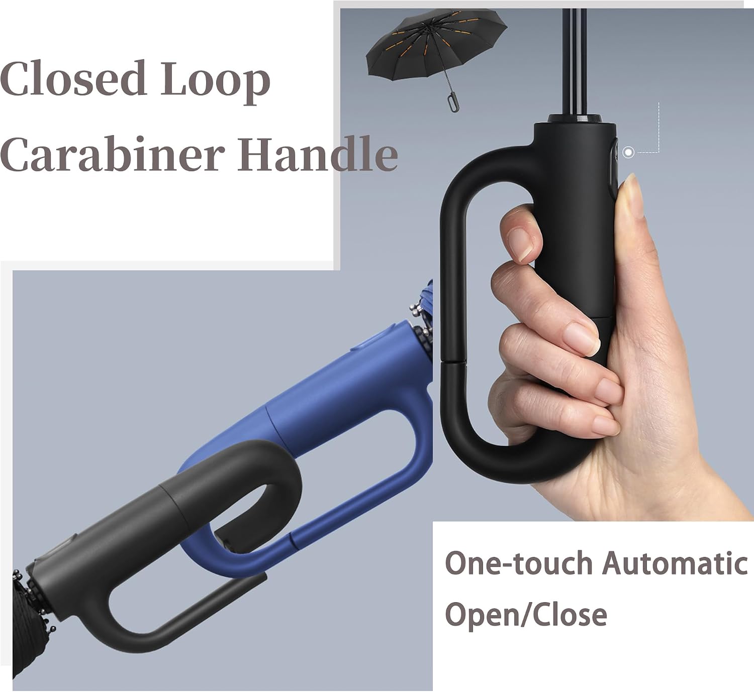 Automatic folding travel umbrella with a rotating carabiner handle/upf 50/uv protection/waterproof/sun rain/105cm/10 ribs/strong/golf/travel/car/men women