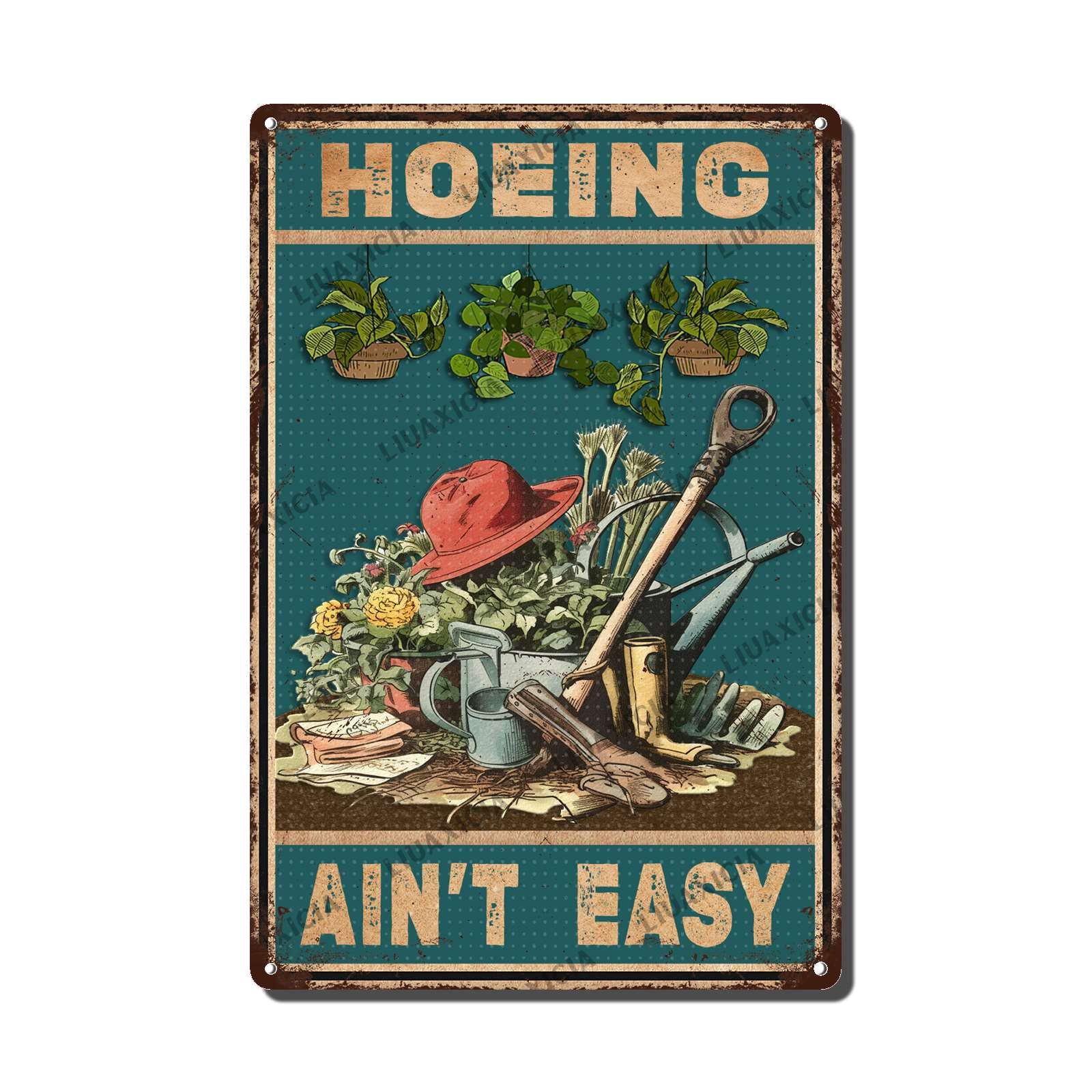 peiyeety Metal Tin Sign Hoeing Ain't Easy Gardening Vintage Decorative Wall Art,Retro Gardening Lover Rustic Plaque for Home Living Room Bedroom Garden Patio,12x16 Inch