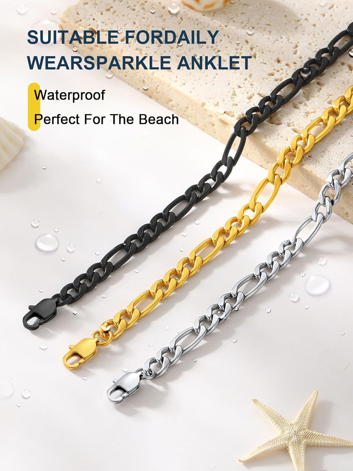 ChainsPro Resizable Anklet Chain for Women Men, Figaro/Wheat/Twist Rope/Cuban Foot Bracelet-Strong with Good Clasp-18K Gold Plated(Send Gift Box) - Image 4