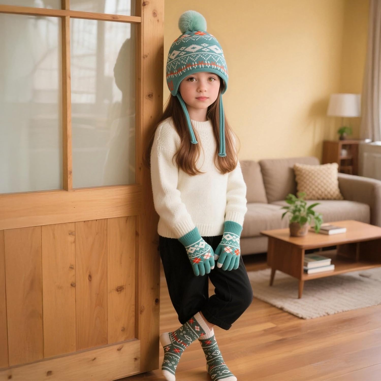 Comfoex 4 Pcs Kids Winter Beanie Hat Gloves Scarf Sock Set Neck Warmer Gaiter Knitted Fleece Lined Thermal Set for Boys Girls