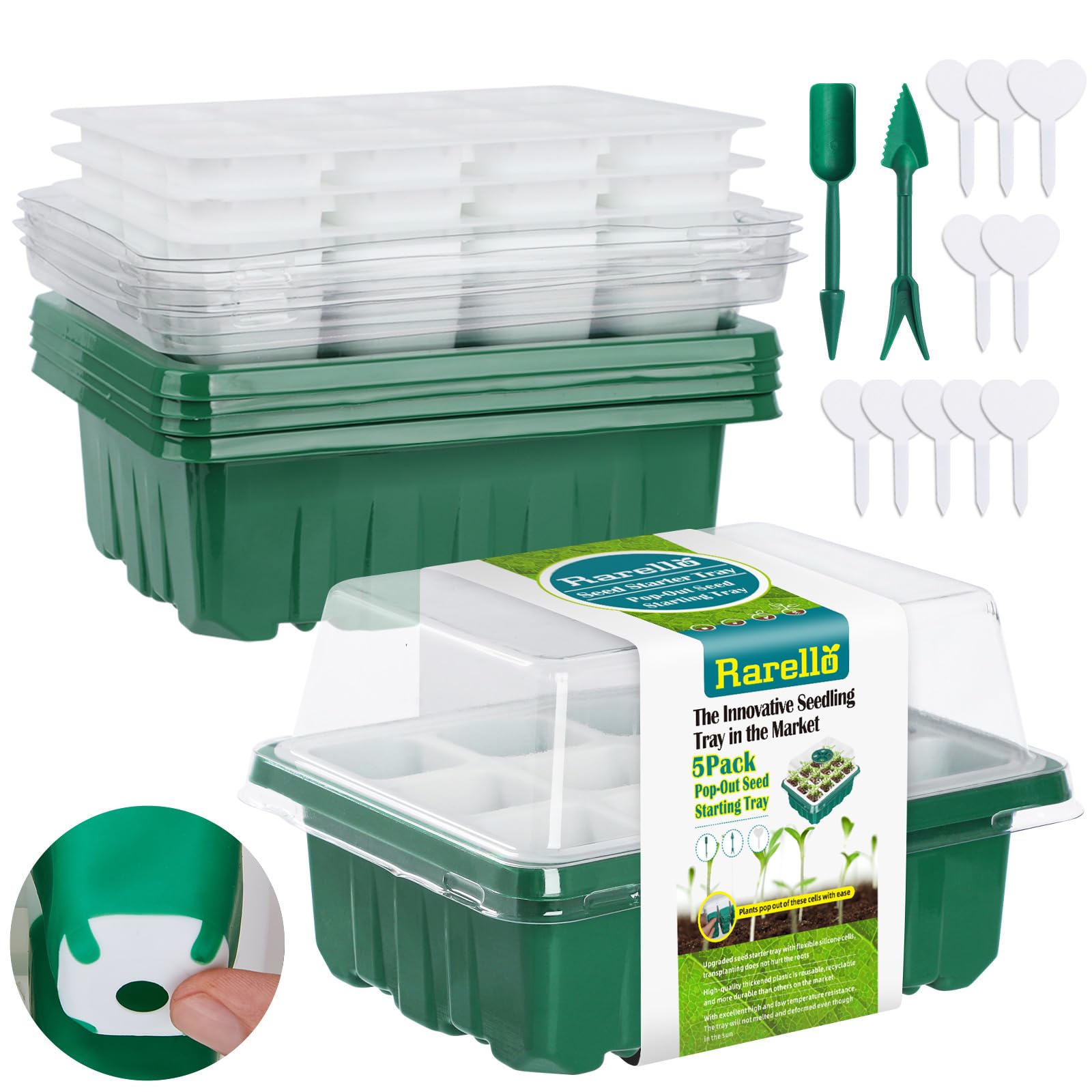 60 Cells Seed Starter Tray Seed Starter Kit,5 Pack Reusable Seedling Starter Trays with Flexible Silicone Bottoms and Humidity Domes,Indoor Greenhouse Garden Propagation Set for Seed Starting