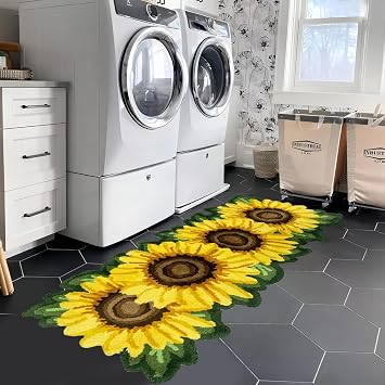 Sunflower Runner Rugs, Handmade Floral Area Rug Washable Non-Skid Laundry Rug Soft Shaggy Carpet for Kitchen Laundry Bathroom Bedroom Shower, 25.6x63