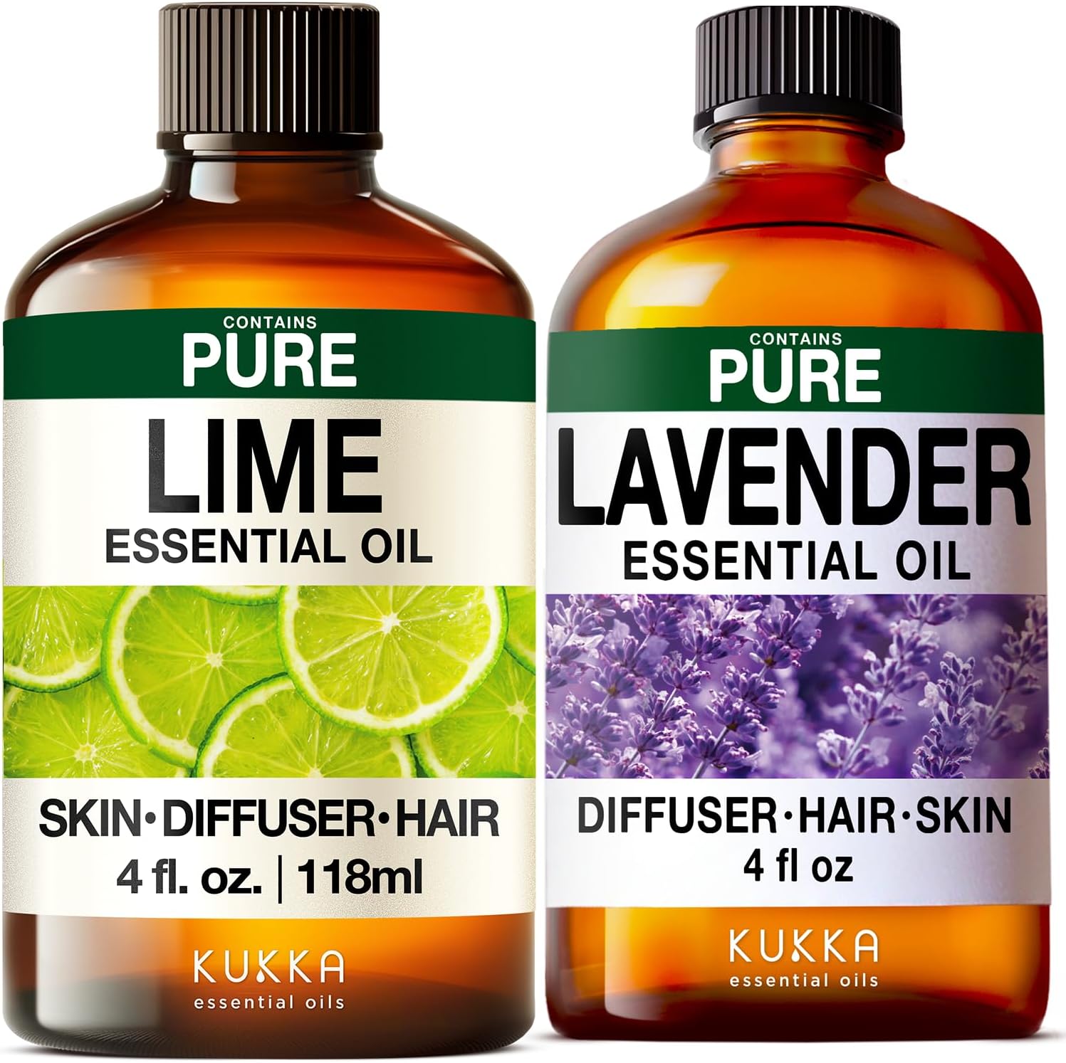 Lime Essential Oil for Skin & Lavender Essential Oil for Diffuser Set - Aromatherapy Grade Essential Oils Set - 2x4 fl oz - Kukka