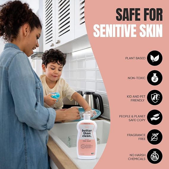 Fragrance Free 2-Pack Dish Soap 97% Plant-Based, Hypoallergenic, Non-Toxic, Cuts Grease & Food Residue Dishwashing Liquid with No Fragrance, Dyes or Harsh Chemicals EWG A Rated