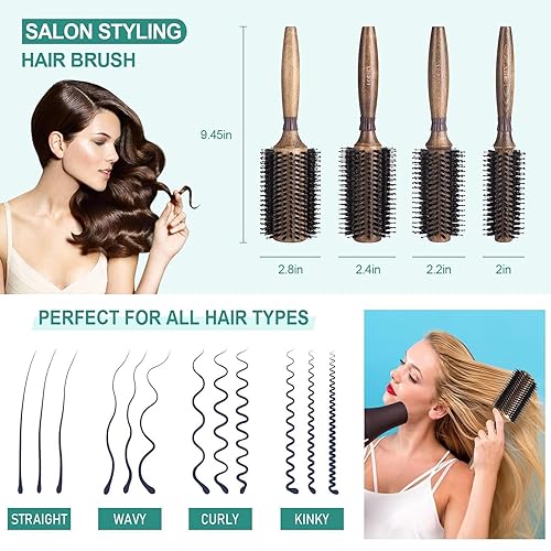 Miniatura 3 de Cepillo redondo para secar con secador, cepillo de cerdas de jabalí para mujeres y hombres, cepillo redondo para añadir brillovolumen, minimizar el