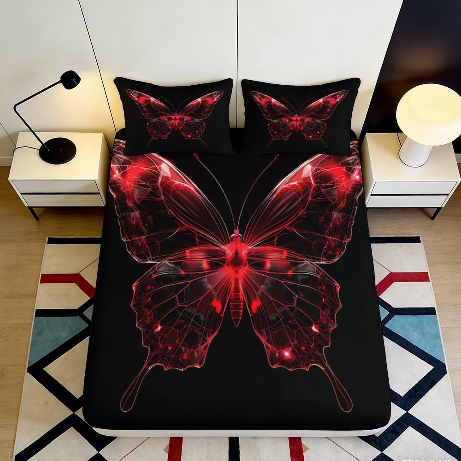 3D Printed Red Butterfly Fitted Sheet Microfiber Soft Bedroom Decor Black Neon Butterfly Mattress Cover for Home Dorm 160x200x25cm