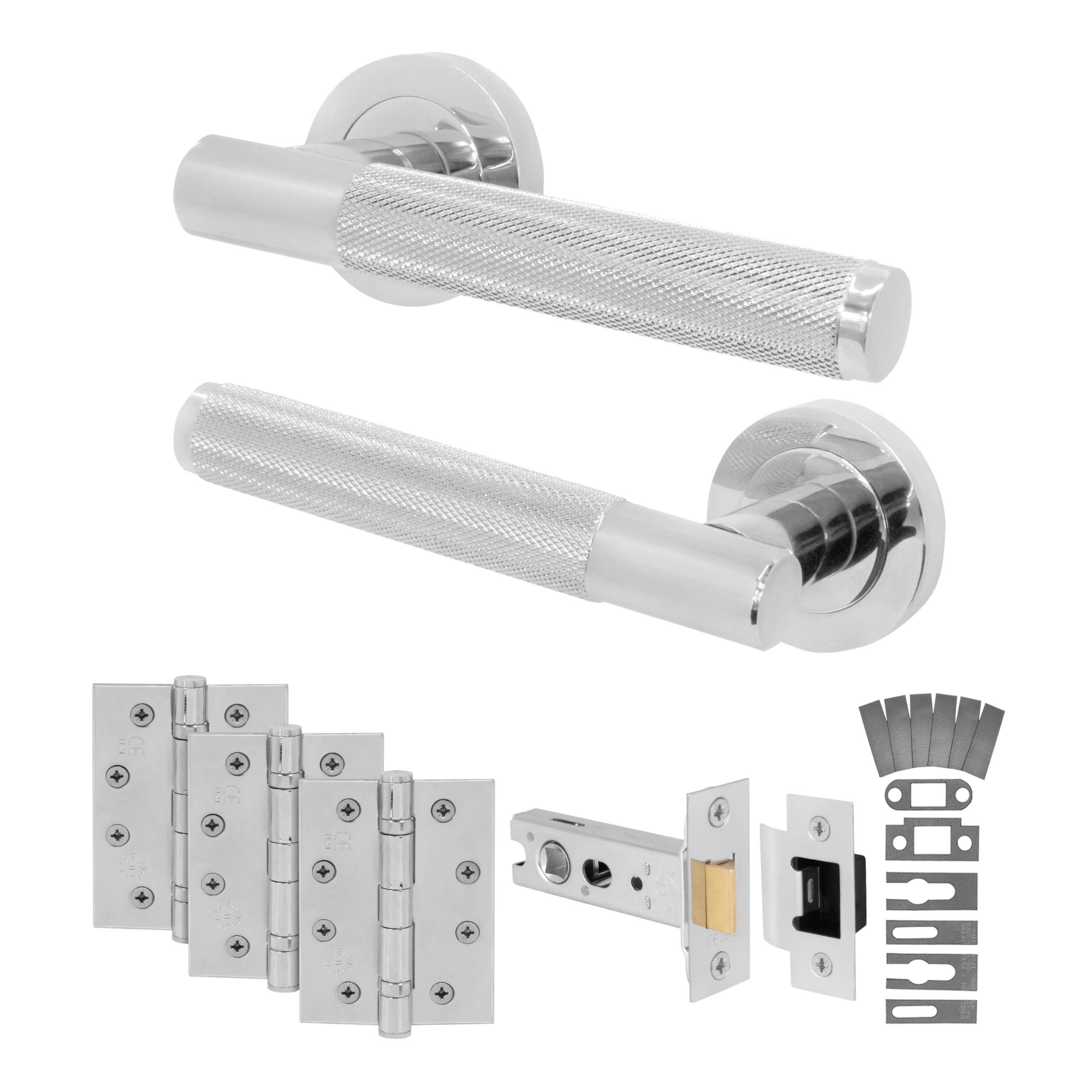 EAI Chrome Fire Door Handle Latch Set, Polished Chrome Internal Fire Rated Door Handle with 76mm Latch and 102mm Hinges, Varri Range 1 Pack