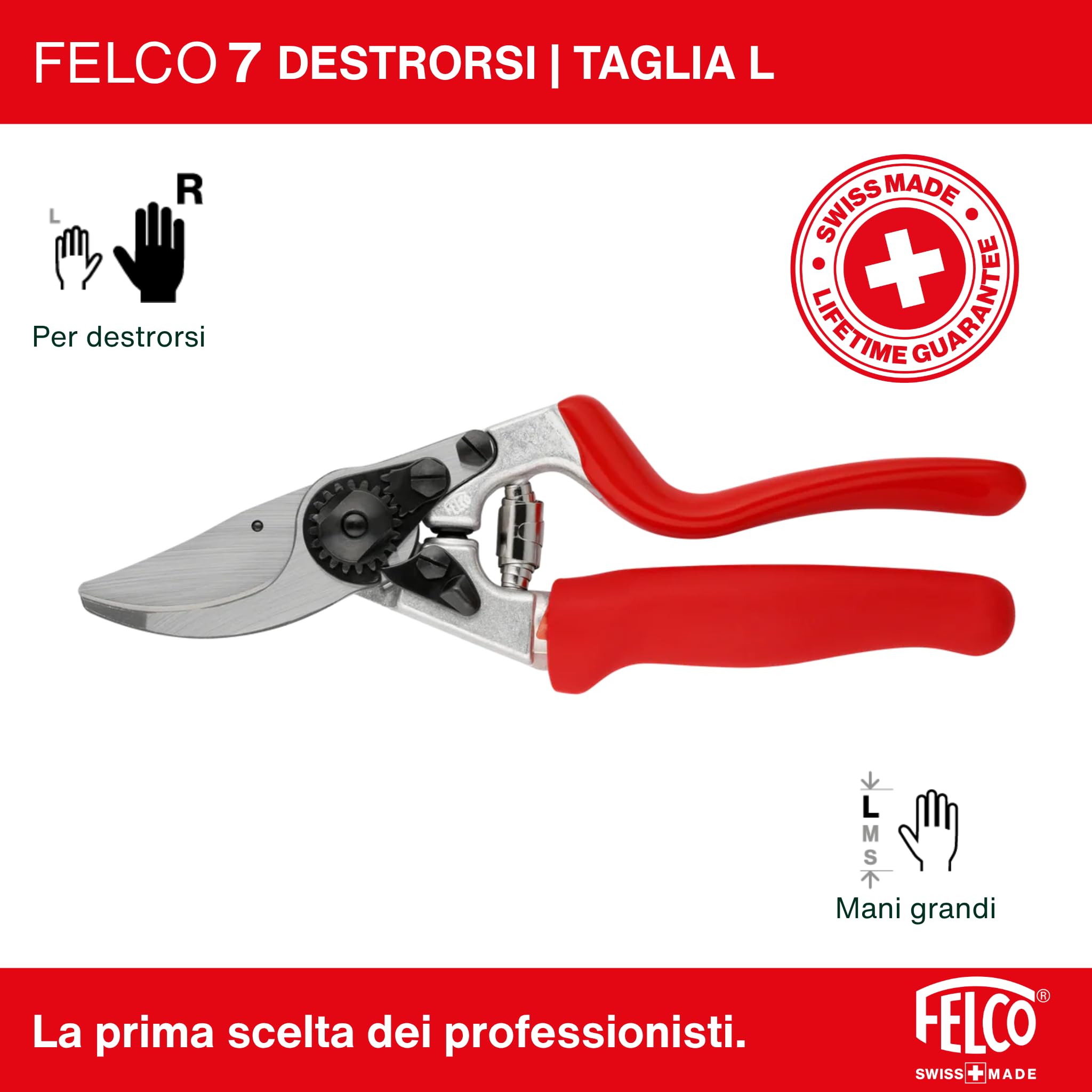 FELCO 7 forbice bypass per destrimani con manico rotante, lama in acciaio temprato 45 mm, manici in alluminio forgiato, ergonomia per mano grande, taglio potente 25 mm