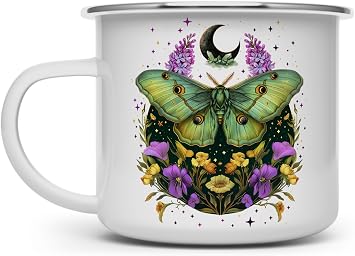 Loftipop Mystic Moth Floral Enamel Camp Mug, Moon Stars Celestial Nature Outdoor Camping Campfire Coffee Cup, Cottagecore Aesthetic Gifts 16oz