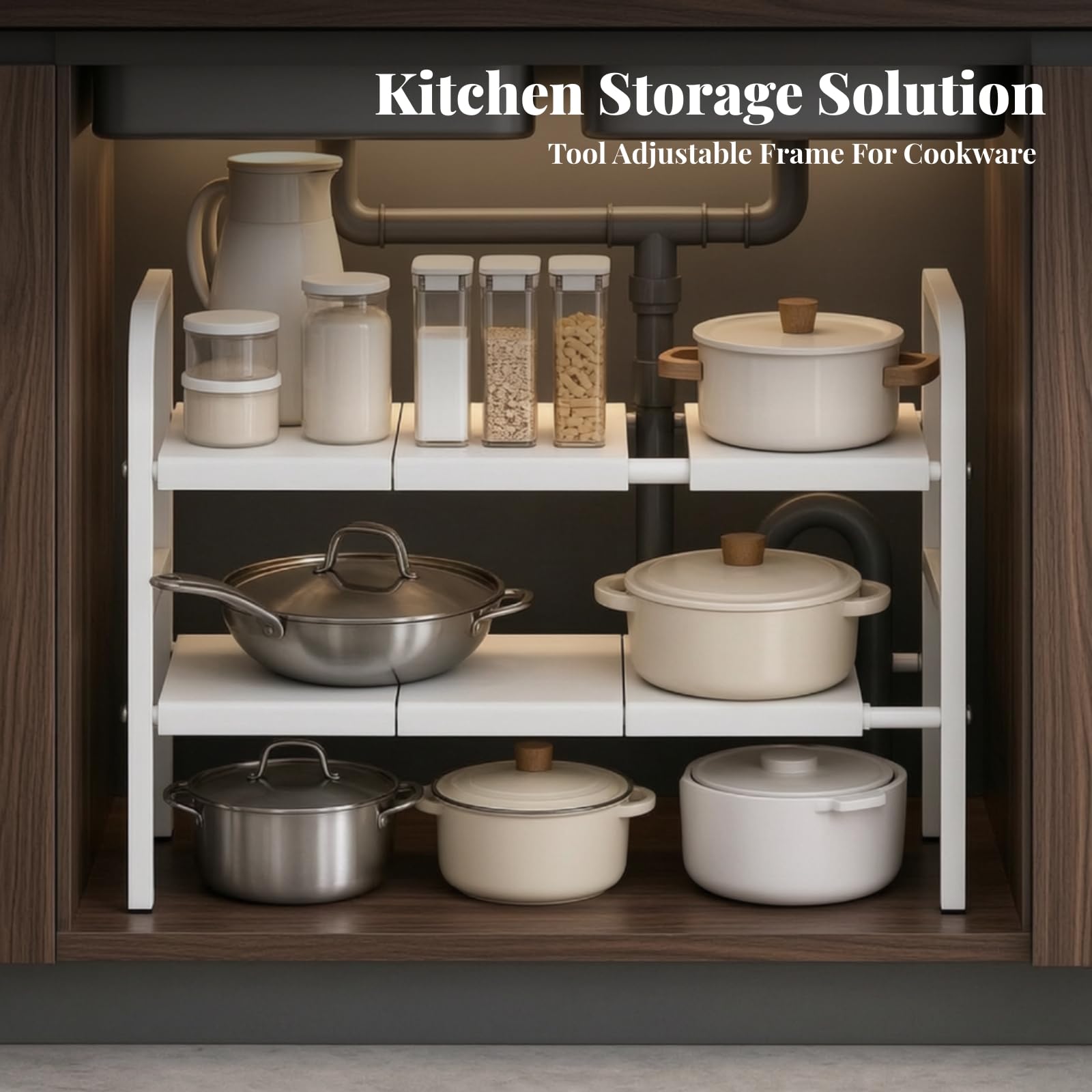 Organizer Estensibile a 2 Livelli Modulare Organizer sotto Lavello Regolabile Pentole con Ripiani Regolabili per Interno Armadio, Grigio