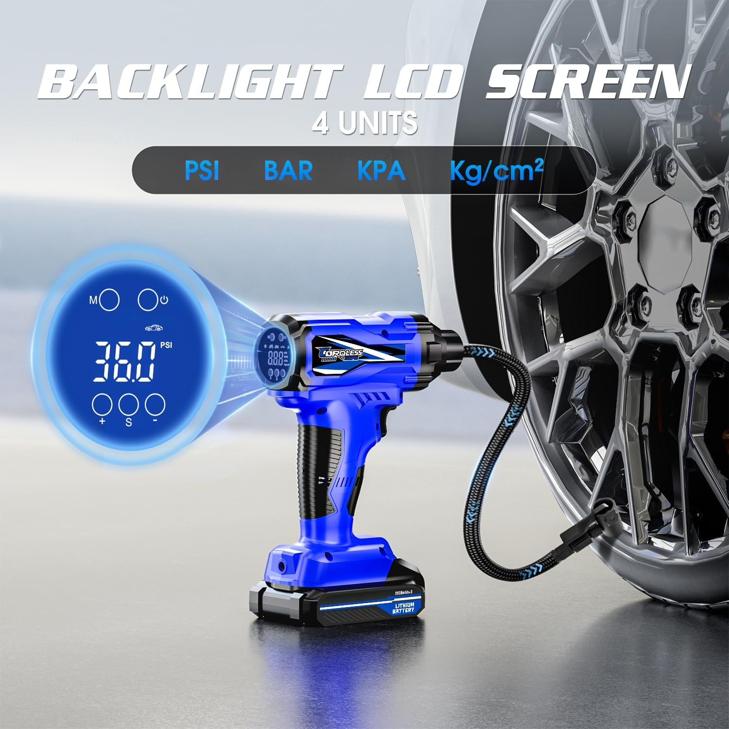 CARSUN Tire Inflator Portable Air Compressor, 150PSI Cordless Tire Pump with DC 12V/Battery Dual Power Supplies, Portable Handheld Air Pump, Digital Pressure Gauge for Car Tires, Bicycles, Balls, Blue