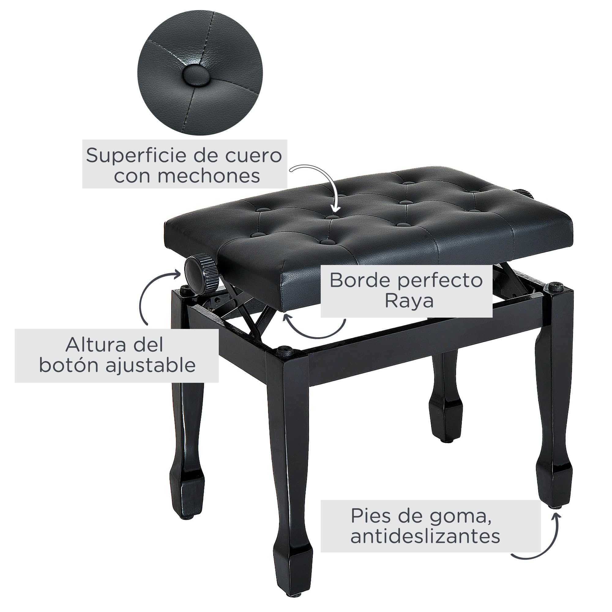 HOMCOM Banco de Piano Banqueta de Piano Ajustable 64x35x55 cm Negro | Asiento de Cuero Sintético, Patas de Madera, Carga Máxima 200 kg