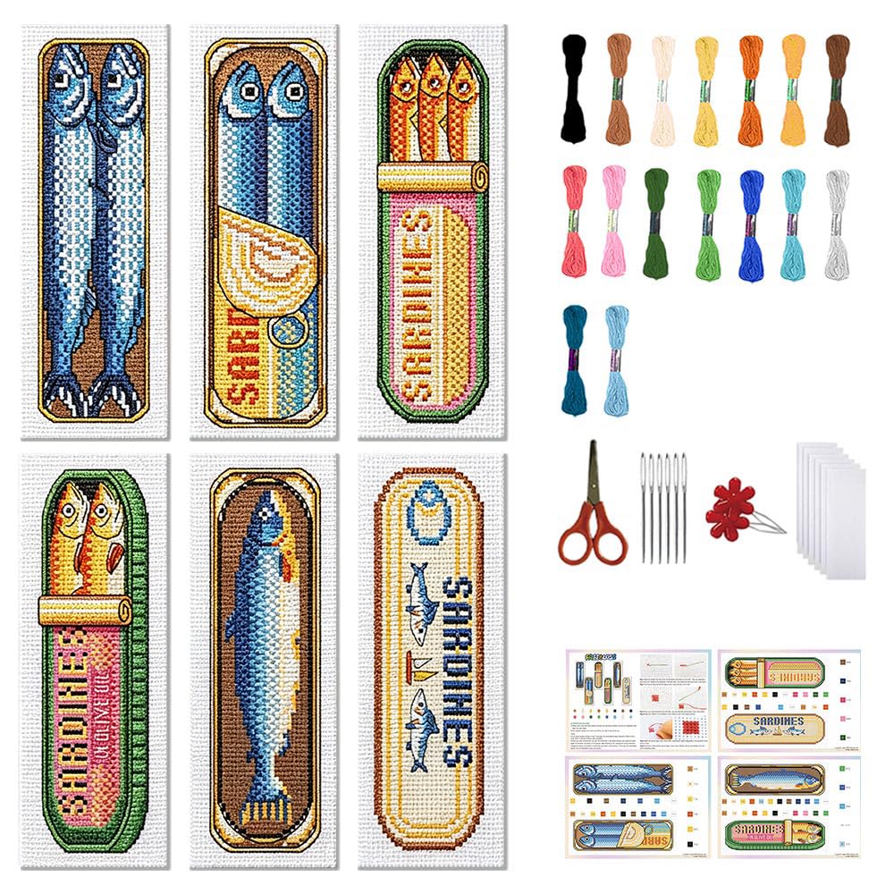 FREEBLOSS 6 Set Cross Stitch Bookmark Kit Canned Fish Patterns 8 * 2.4inch