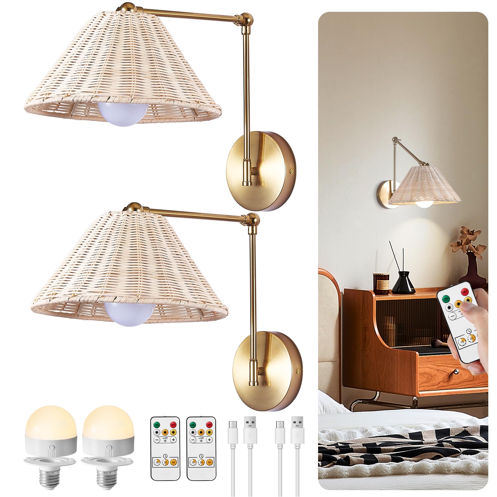 Photo 1 of ***FOR PARTS ONLY HAS BROKEN ASSEMBLY PIECE (S)***** PENACINY Rattan Wall Sconce 2 Pack, Adjustable Swing Arm Gold Vintage Wall Light with Handmade Rattan Shade, Cordless Rechargeable E26 Bulb Included, Perfect for Living Room and Bedroom
