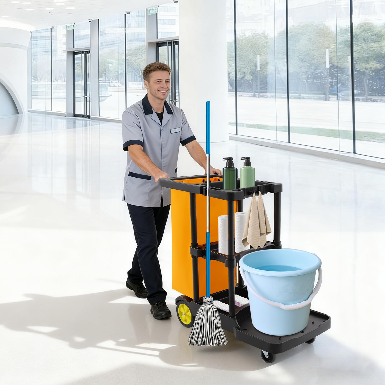 Carrello per la pulizia professionale con ruote, 3 ripiani e borsa in vinile, carrelli igienici per uffici, hotel, centri commerciali, portata 100 kg, 113 x 56 x 93 cm