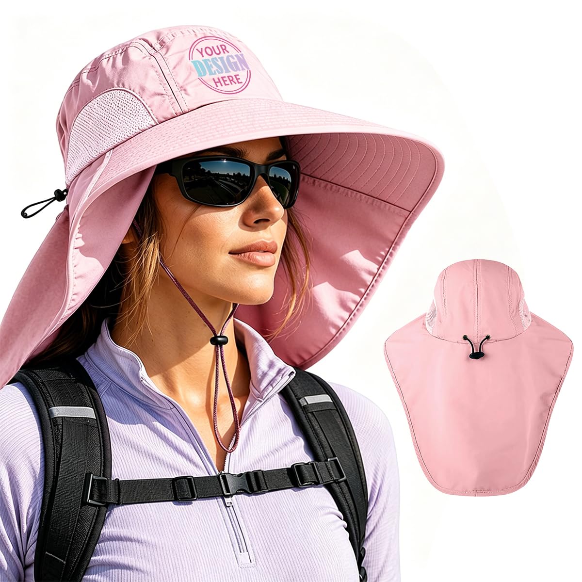Personalized Sun Hat Custom Logo/Text, UPF 50+ Wide Brim Bucket Hat with Neck Flap, Adjustable Fishing Hat for Men Women, Pink, 7/ 7 1/2
