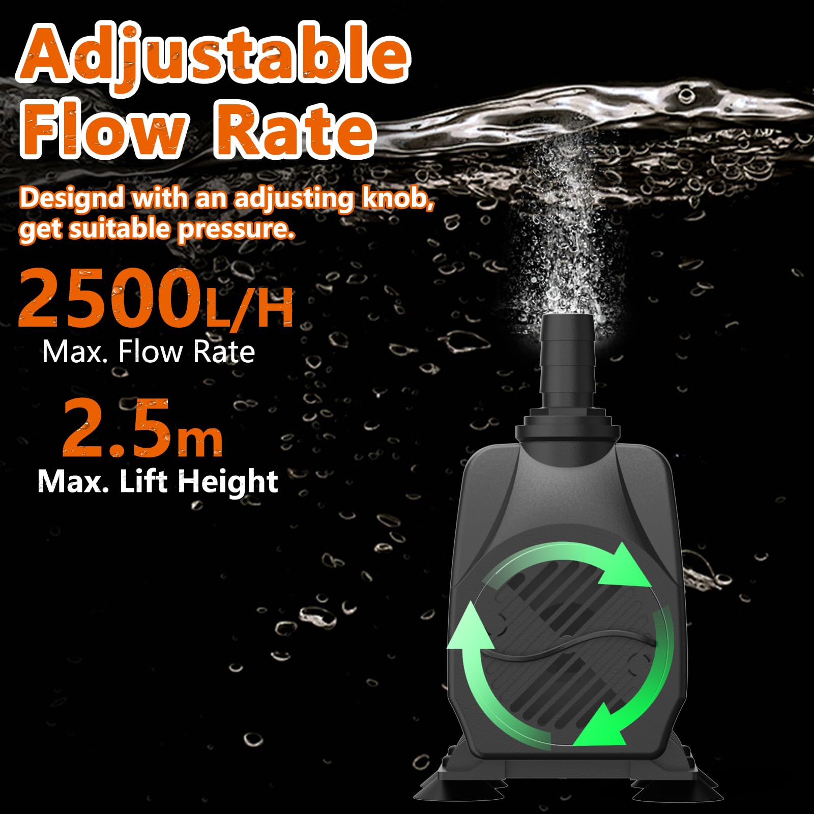 Bomba de Agua Sumergible 45W 2500L/H, Apagado Automático por Bajo Nivel, Protección contra Sobrecalentamiento y Funcionamiento Ultrasilencioso. Cable de 1.8 m Ideal para Estanques y Hidropónicos.