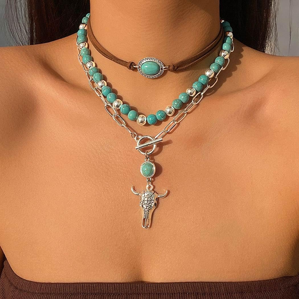 Jovono Boho Choker Necklace Silver Cowgirls Boot Pendant Necklaces Turquoise Western Necklace Chain for Women - Image 5