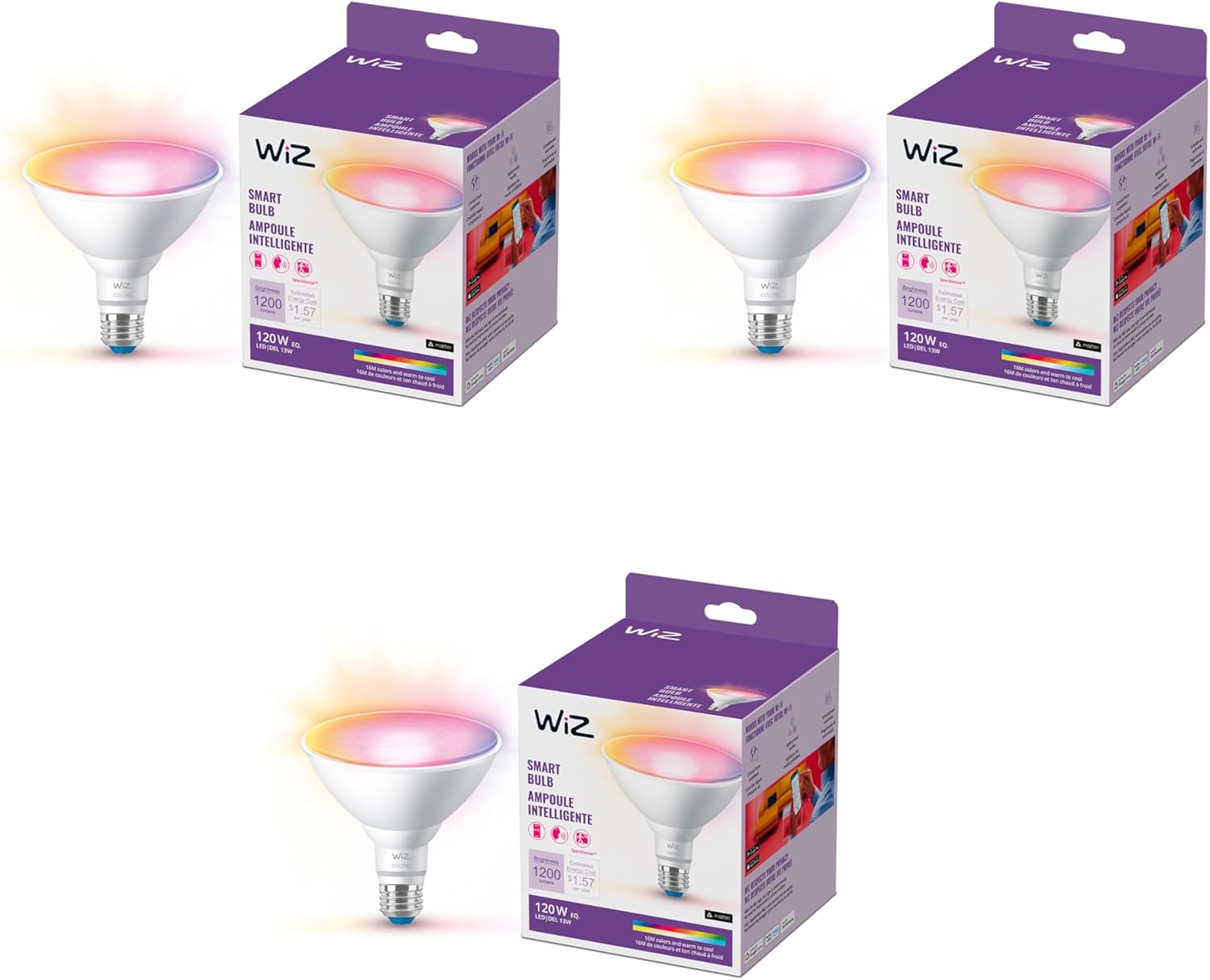 WiZ Connected 120W PAR38 LED Smart Light Bulbs - 3 Pack - Connects to Your Wi-Fi - E26 Smart Bulb - Control with Voice or App + Activate with Motion - Matter Compatible