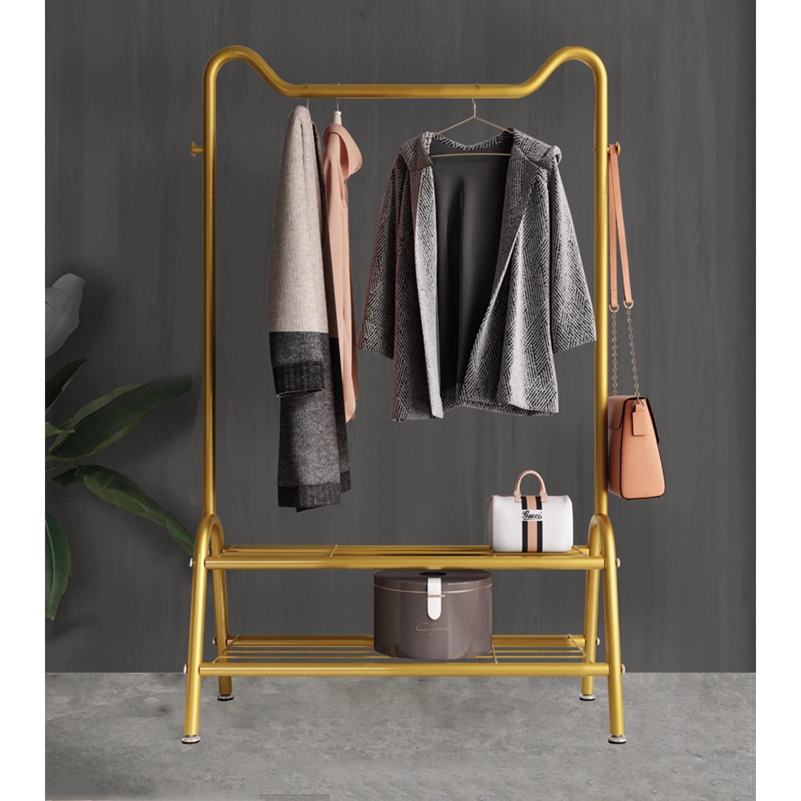 YNBSHGAA Freestanding Clothes Rail Garment Hanger Coat Drying Rack with 2 Tier Storage Shelf Gold 125cm,Gold-80Cm