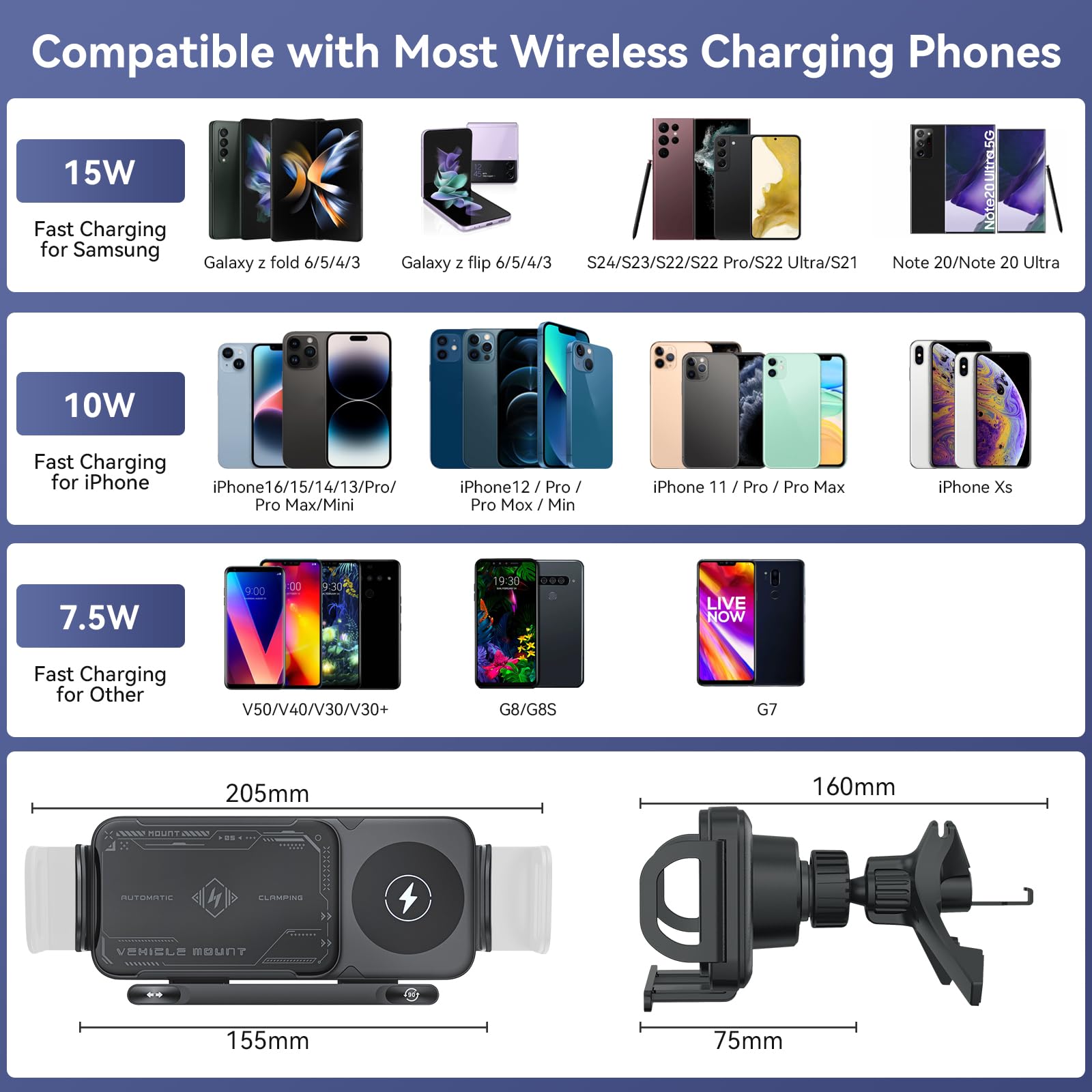 Qoosea 15W Support Telephone Voiture Induction, Qi Rapide Chargeur Induction Voiture Double Bobine, Auto Clamping Chargeur sans Fil pour Samsung Galaxy Z Fold 6/5/4/3/2 S25/S24/iPhone 16/15 Série