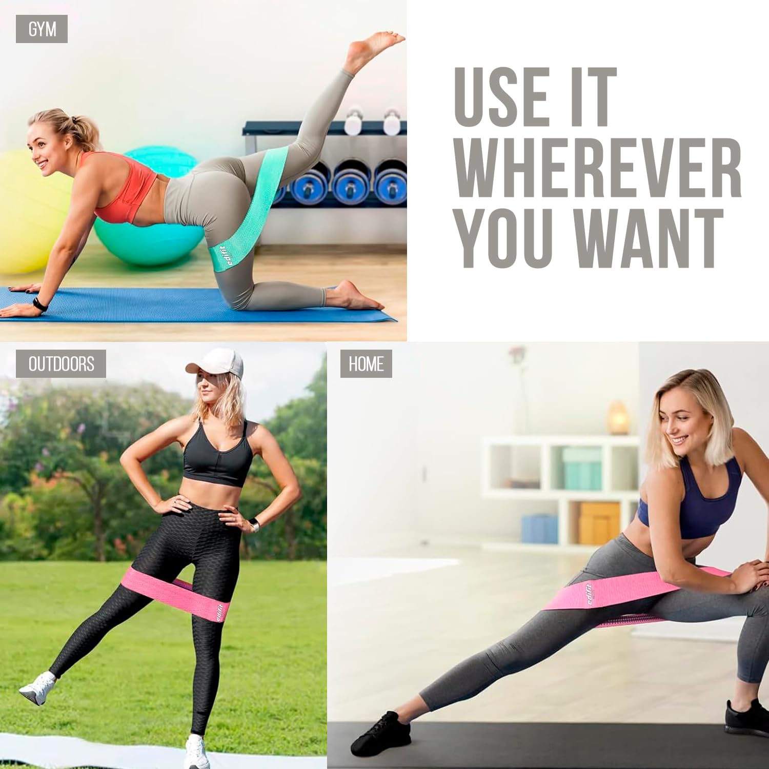 Edifit Bandes Élastiques Musculation Anti-dérapantes Pack de 3 Résistance Fitness Gym Yoga