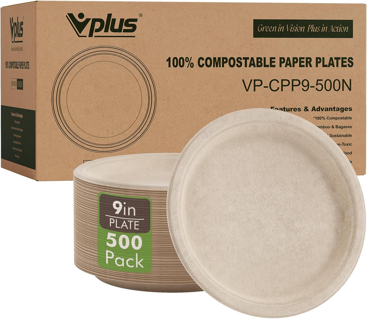 Vplus 500 Pack Paper Plates 9 inch 100% Compostable, Heavy-Duty Disposable Paper Plates Bagasse Natural Biodegradable Eco-Friendly Sugarcane?Nature?