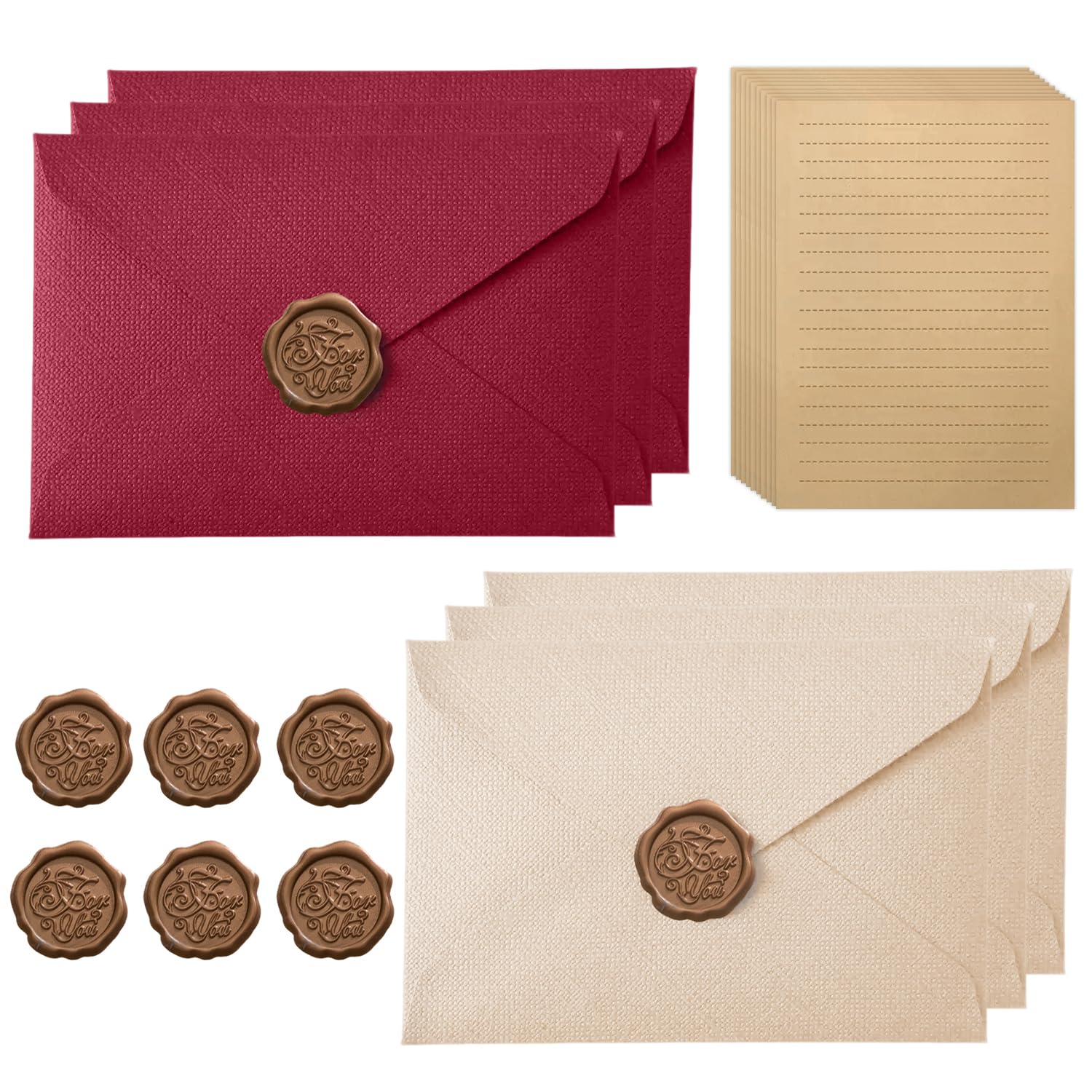 Vintage Letter Paper with 6 Envelopes, 10 A5 Writing Paper and 6 Wax Seal, Kraft Paper, Writing Paper Set for Gifts Wedding Birthday Greeting Cards, Dark Red & Off-White