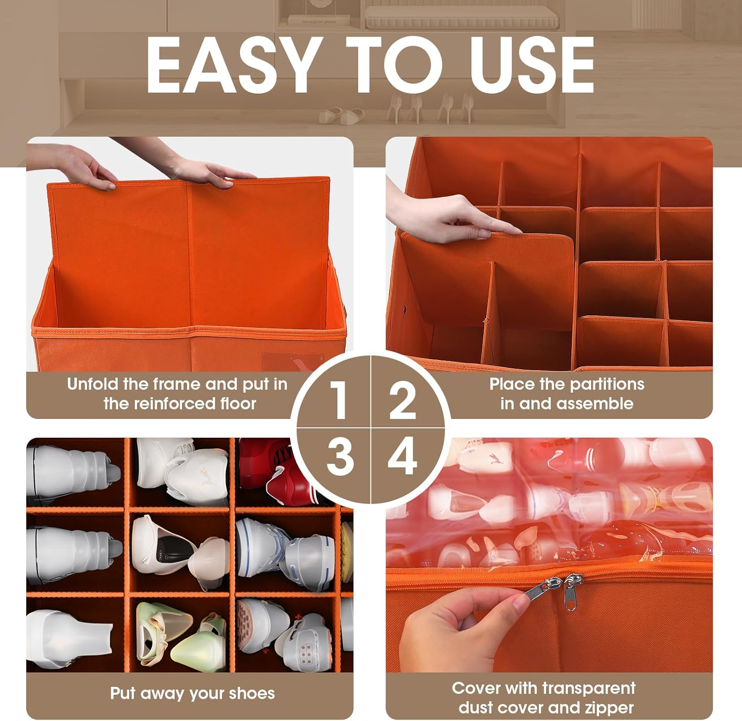 Large Orange Shoe Organizer Box with Clear Cover and Adjustable Dividers