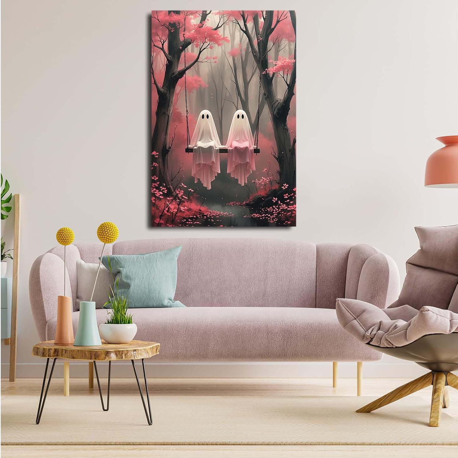 Pink ghost on swing canvas art vintage halloween wall decor cute horror painting print gothic room aesthetic16x24in Frameless - Image 5