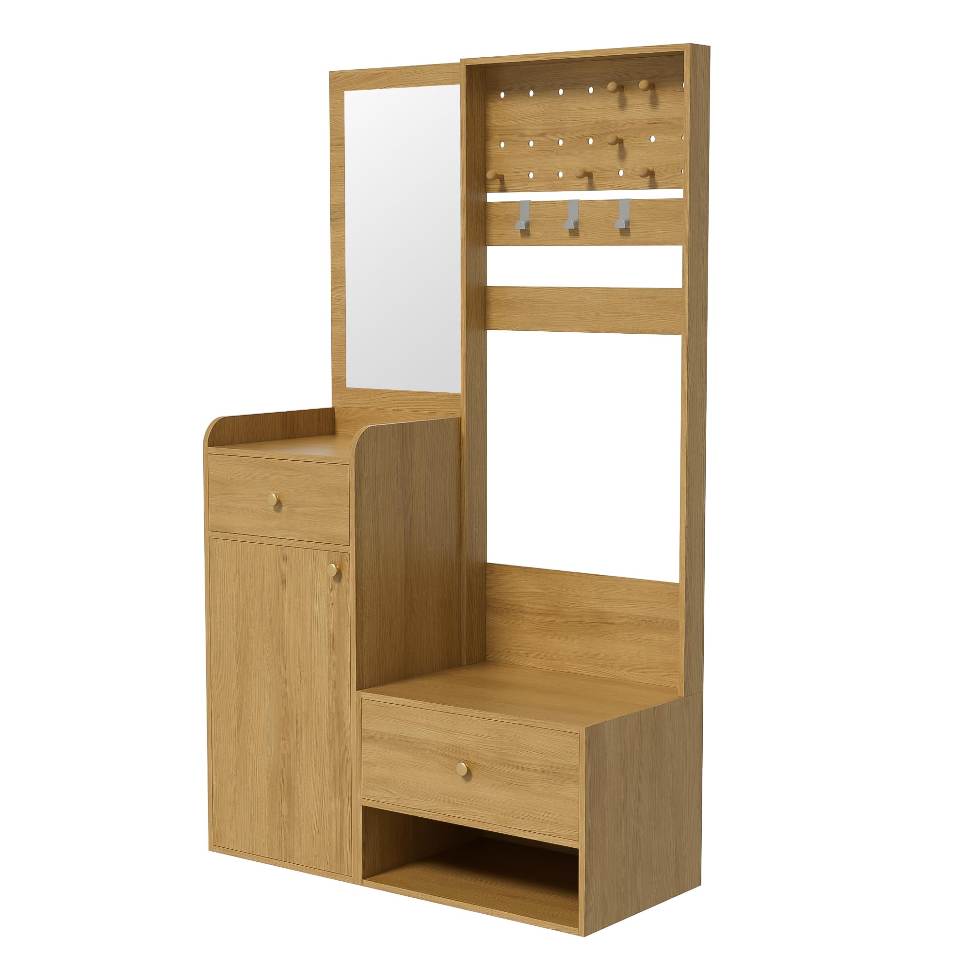 Perchero compacto de 105 cm, moderno y multifuncional, estantería de entrada elegante de color madera con espejo, ganchos ajustables y espaciosos estantes para zapatos